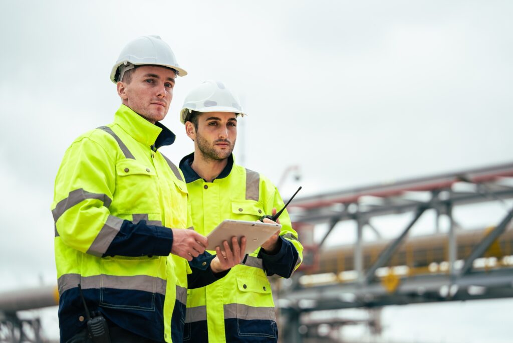Engineer worker checking project at petrochemical factory