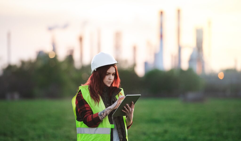 Young woman engineer with tablet standing outdoors by oil refinery. Copy space