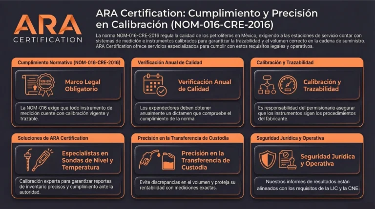 Infografía: cumplimiento y precisión en calibración NOM-016-CRE-2016 — ARA Certification