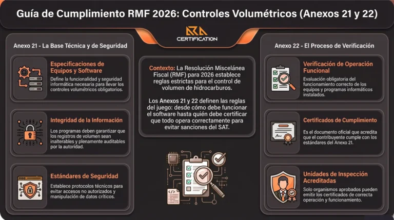 Infografía: guía de cumplimiento RMF 2026, controles volumétricos Anexos 21 y 22